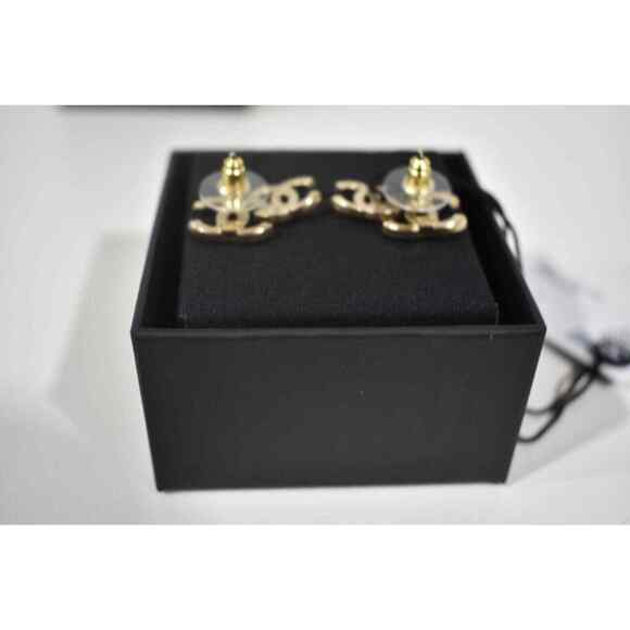 Chanel 22B Gold Black Crystal CC Double Logo Large Dangle Statement Stud Earring - Picture 9 of 12